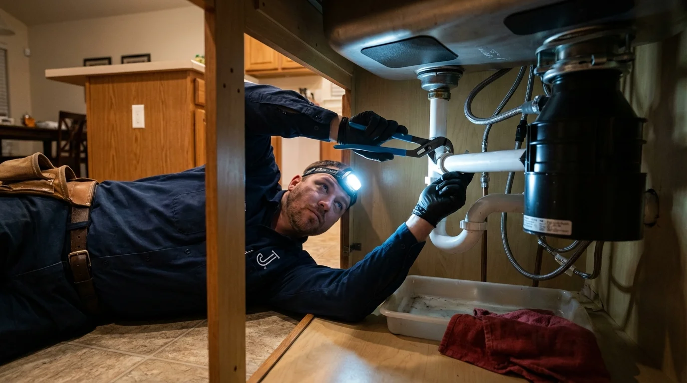 P-trap and supply line connections under a kitchen sink showing a common leak point in Chesterfield, SC
